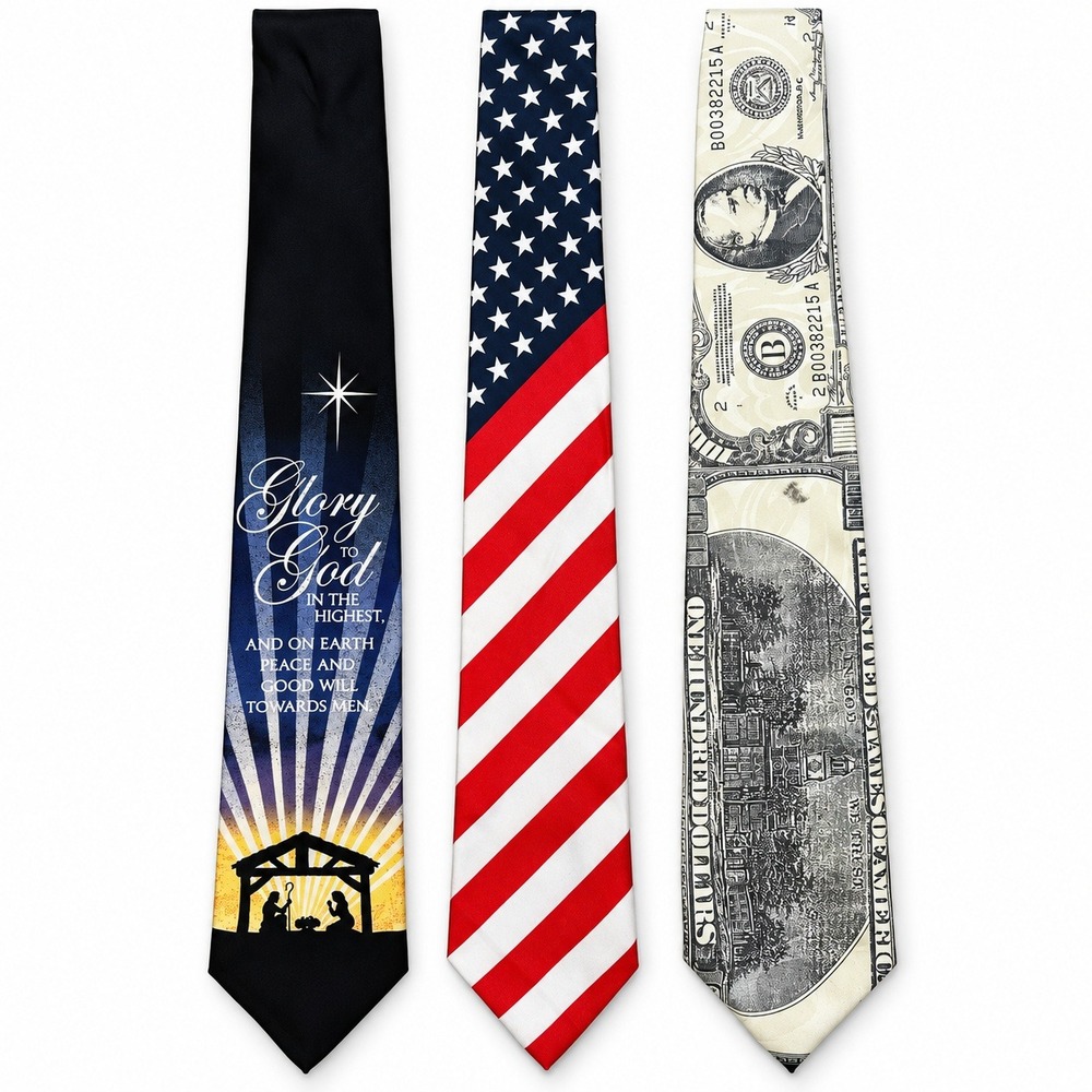 Patriotic USA Christmas Necktie 3 Lot Mens Holiday Multicolor Novelty Graphics